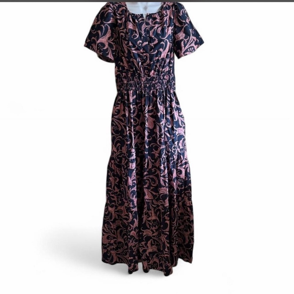 Anthropologie Black and Pink Patterned Maxi Dress